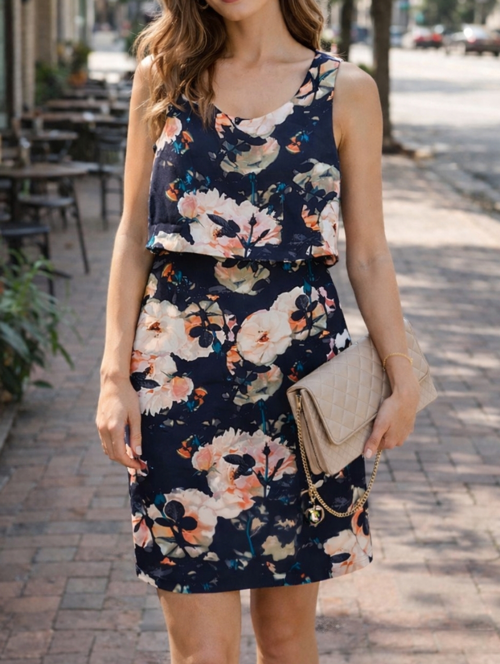 Cynthia Rowley Navy Floral Sleeveless Dress Layered Overlay Chic Cocktail